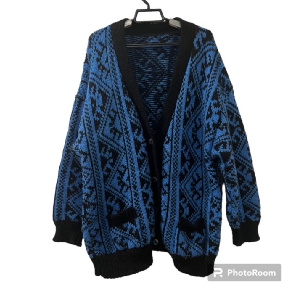 Womens Blue Black Aztec Tribal Pattern Knit Cardigan Sweater Pockets Sz LG/XL